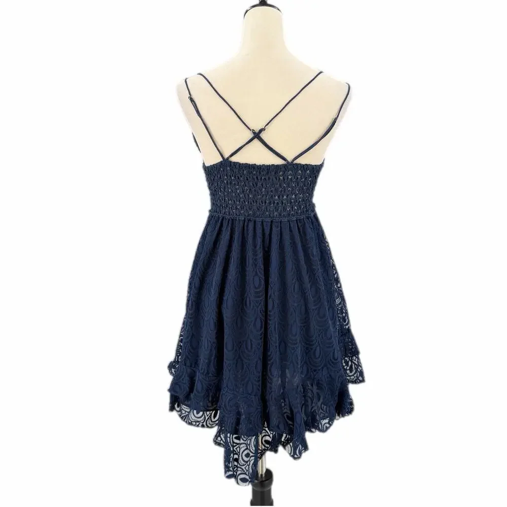 Free People FP One Adella Slip Navy Blue Lace Crochet Strappy Boho Mini Dress